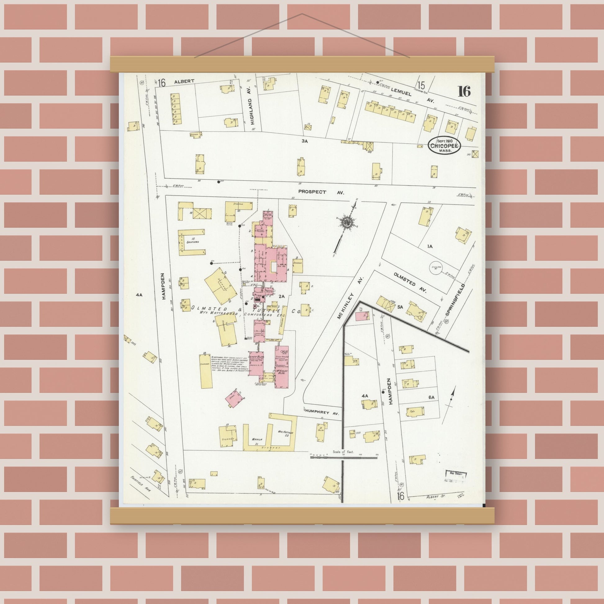 Old map wall art mockup — magnetic wood frame on brick wall — Sanborn Fire Insurance Map from Chicopee, Hampden County, Massachusetts (1910), Sheet #0016
