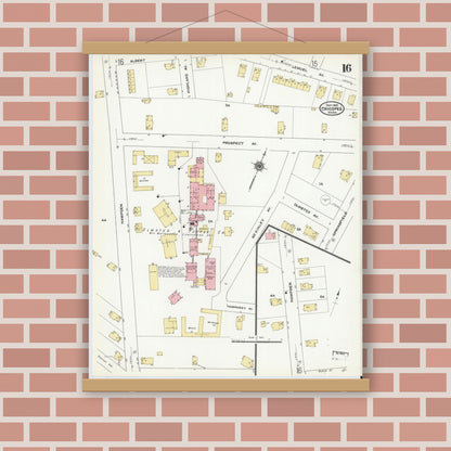 Old map wall art mockup — magnetic wood frame on brick wall — Sanborn Fire Insurance Map from Chicopee, Hampden County, Massachusetts (1910), Sheet #0016