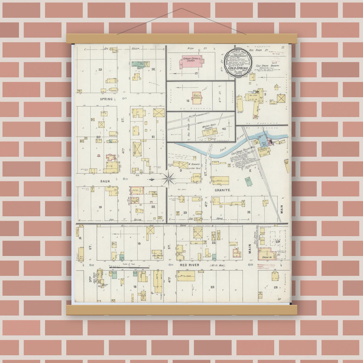 Old map wall art mockup — magnetic wood frame on brick wall — Sanborn Fire Insurance Map from Cold Spring, Stearns County, Minnesota (1895), Sheet #0001