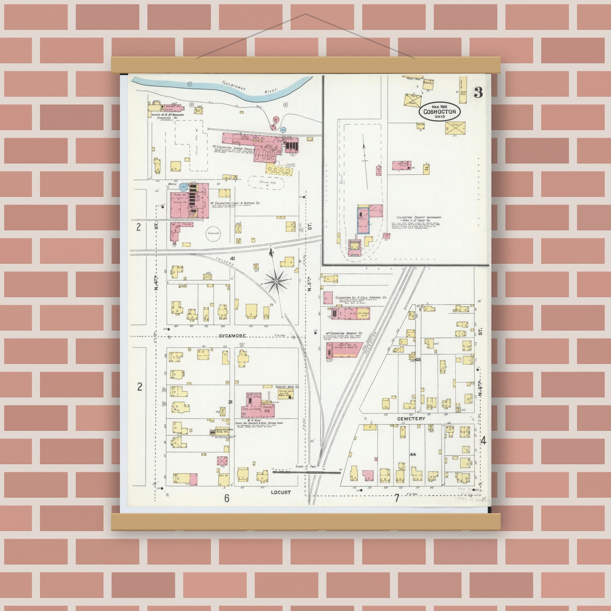 Old map wall art mockup — magnetic wood frame on brick wall — Sanborn Fire Insurance Map from Coshocton, Coshocton County, Ohio (1905), Sheet #0003