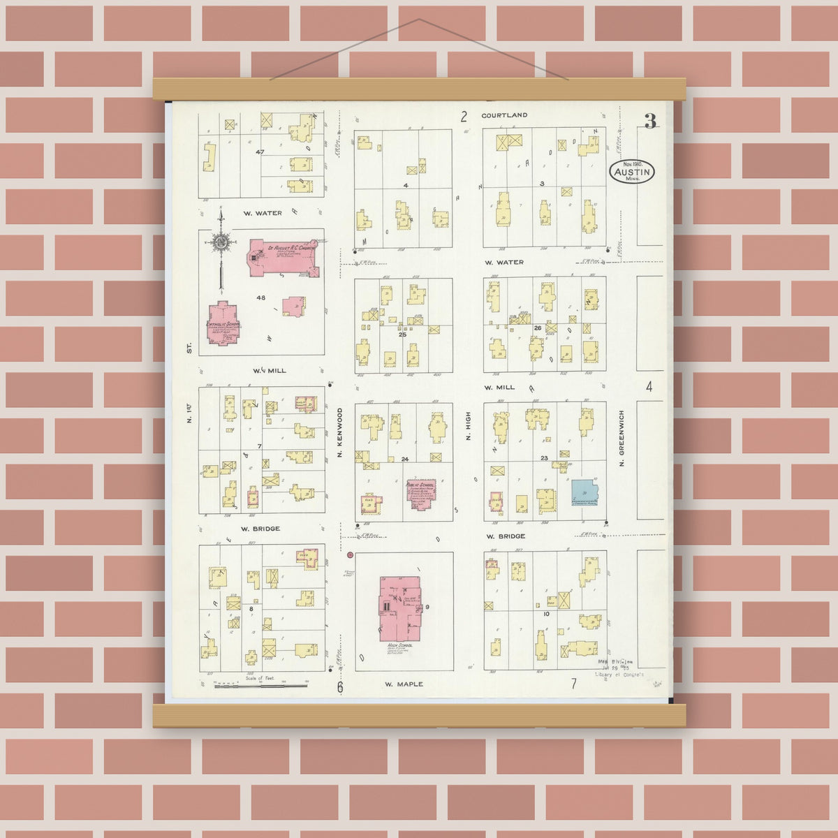 Old map wall art mockup — magnetic wood frame on brick wall — Sanborn Fire Insurance Map from Austin, Mower County, Minnesota (1910), Sheet #0003