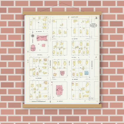 Old map wall art mockup — magnetic wood frame on brick wall — Sanborn Fire Insurance Map from Austin, Mower County, Minnesota (1910), Sheet #0003