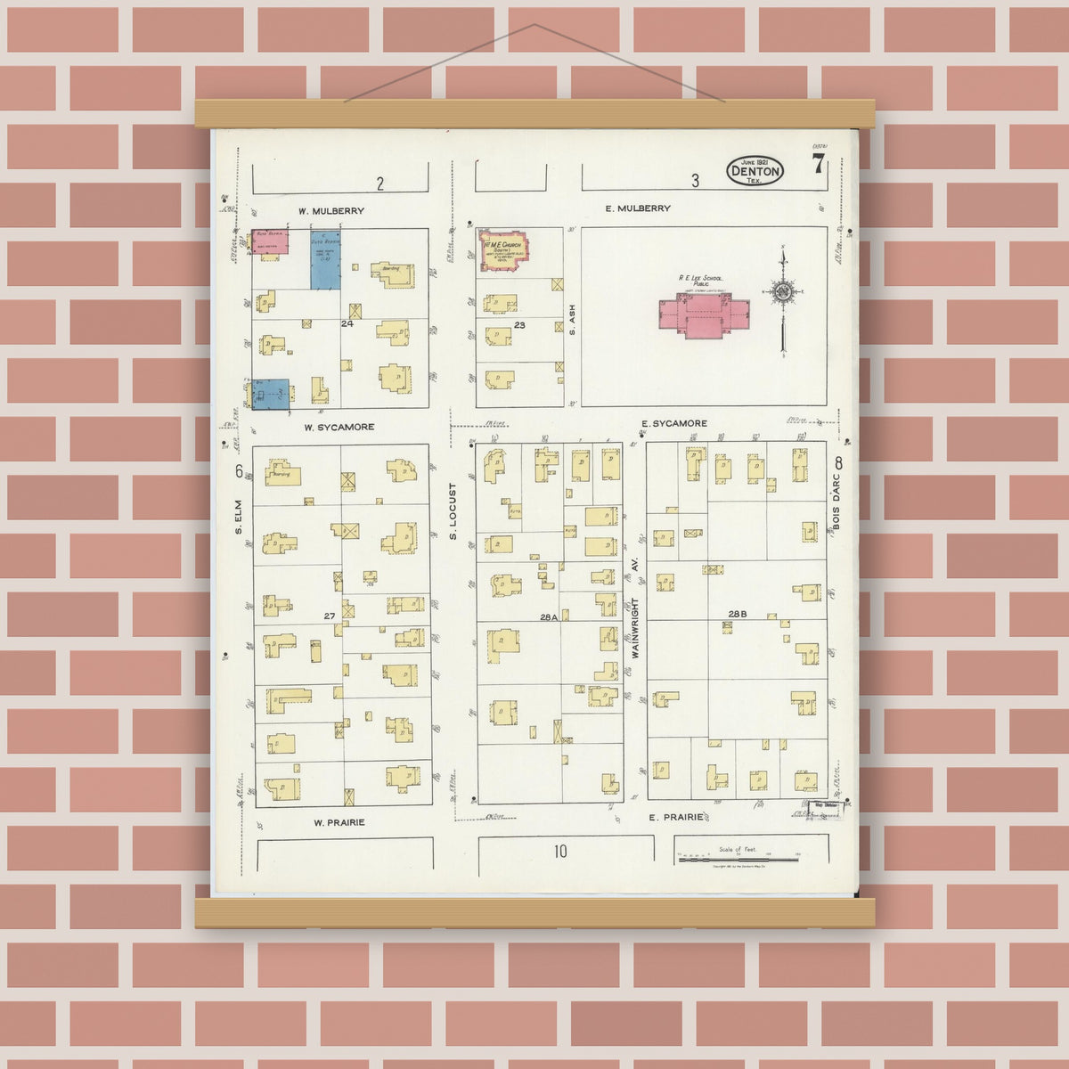 Old map wall art mockup — magnetic wood frame on brick wall — Sanborn Fire Insurance Map from Denton, Denton County, Texas (1921), Sheet #0007