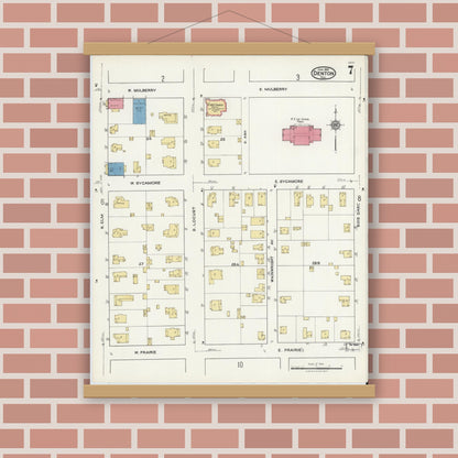 Old map wall art mockup — magnetic wood frame on brick wall — Sanborn Fire Insurance Map from Denton, Denton County, Texas (1921), Sheet #0007