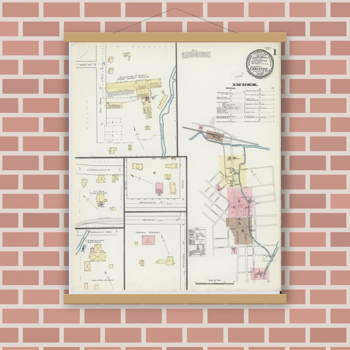 Old map wall art mockup — magnetic wood frame on brick wall — Sanborn Fire Insurance Map from Canisteo, Steuben County, New York (1891) - Complete Map Set