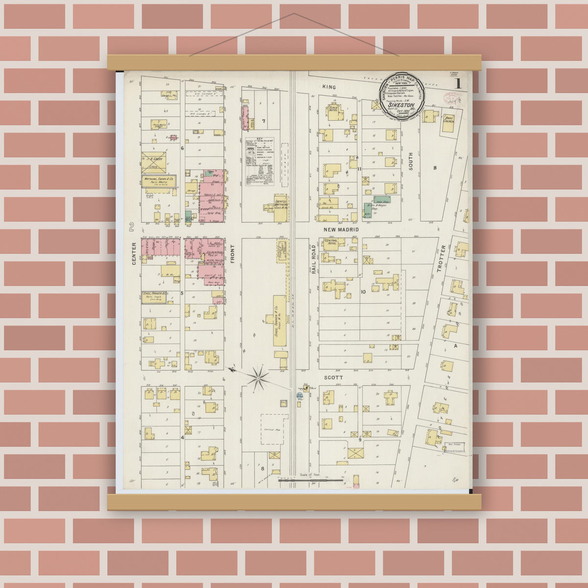Old map wall art mockup — magnetic wood frame on brick wall — Sanborn Fire Insurance Map from Sikeston, Scott County, Missouri (1895), Sheet #0001