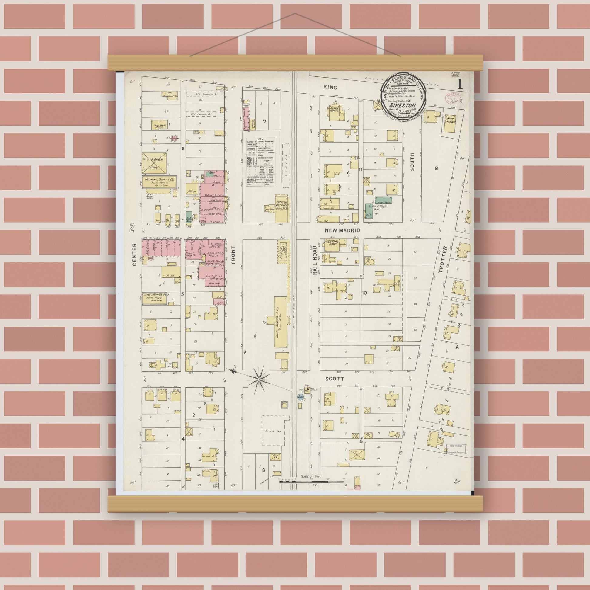 Old map wall art mockup — magnetic wood frame on brick wall — Sanborn Fire Insurance Map from Sikeston, Scott County, Missouri (1895), Sheet #0001