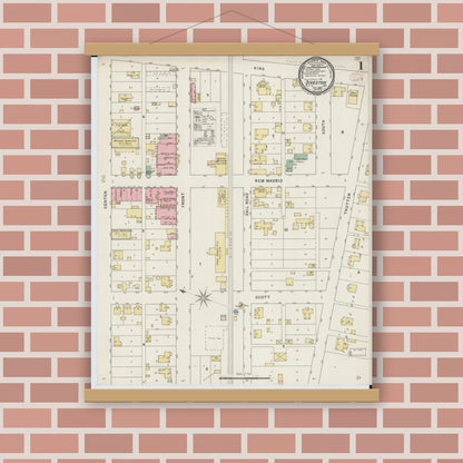 Old map wall art mockup — magnetic wood frame on brick wall — Sanborn Fire Insurance Map from Sikeston, Scott County, Missouri (1895), Sheet #0001