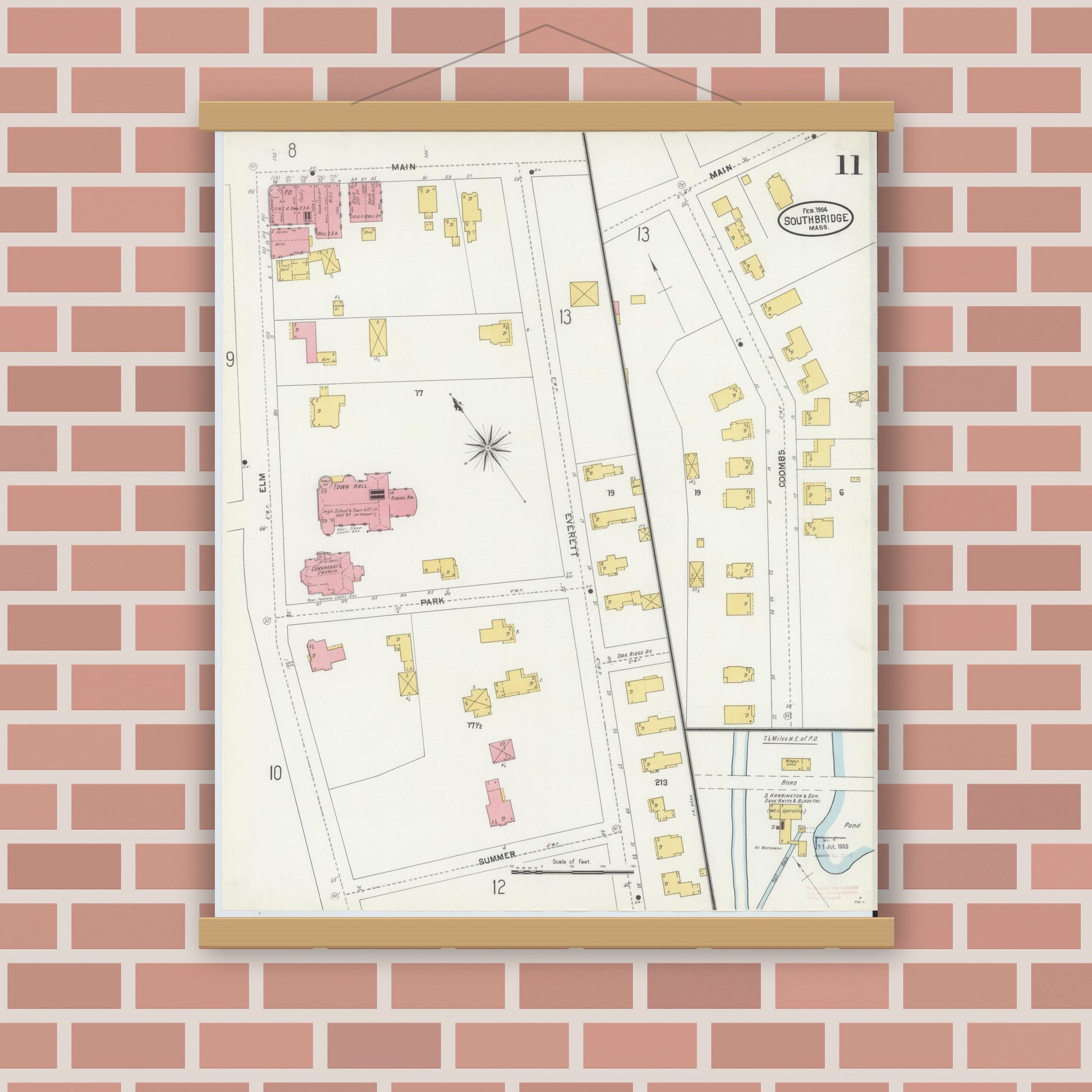 Old map wall art mockup — magnetic wood frame on brick wall — Sanborn Fire Insurance Map from Southbridge, Worcester County, Massachusetts (1904), Sheet #0011