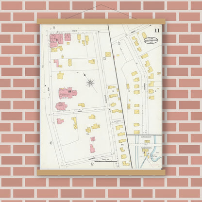 Old map wall art mockup — magnetic wood frame on brick wall — Sanborn Fire Insurance Map from Southbridge, Worcester County, Massachusetts (1904), Sheet #0011