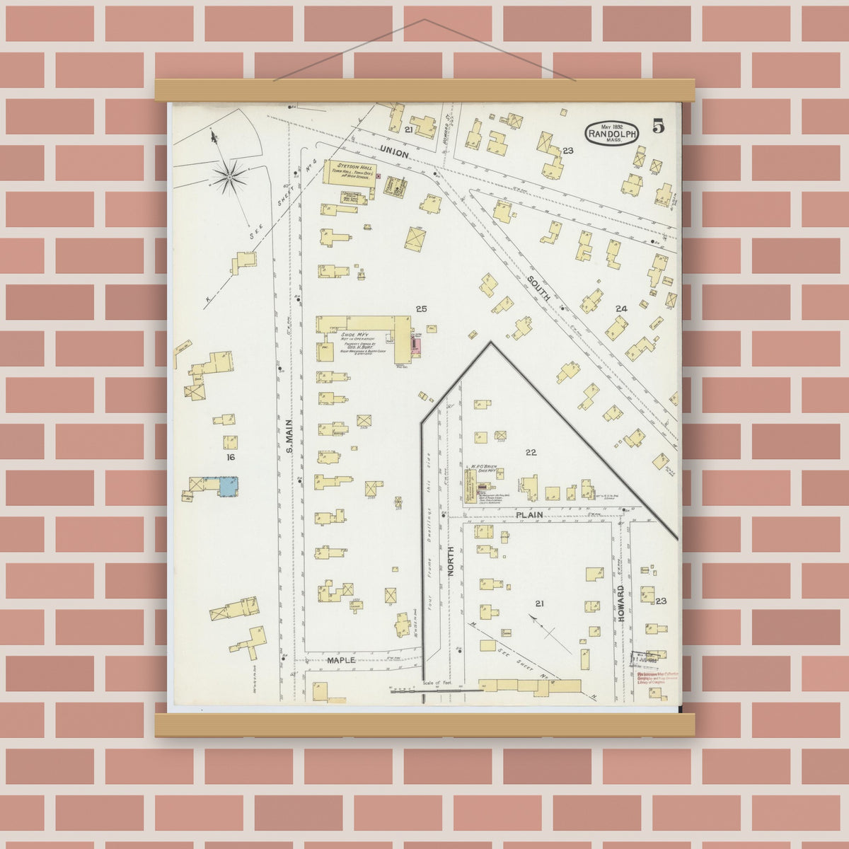 Old map wall art mockup — magnetic wood frame on brick wall — Sanborn Fire Insurance Map from Randolph, Norfolk County, Massachusetts (1892), Sheet #0005
