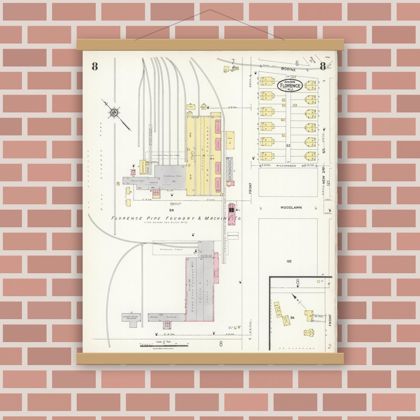 Old map wall art mockup — magnetic wood frame on brick wall — Sanborn Fire Insurance Map from Florence, Burlington County, New Jersey (1926), Sheet #0008