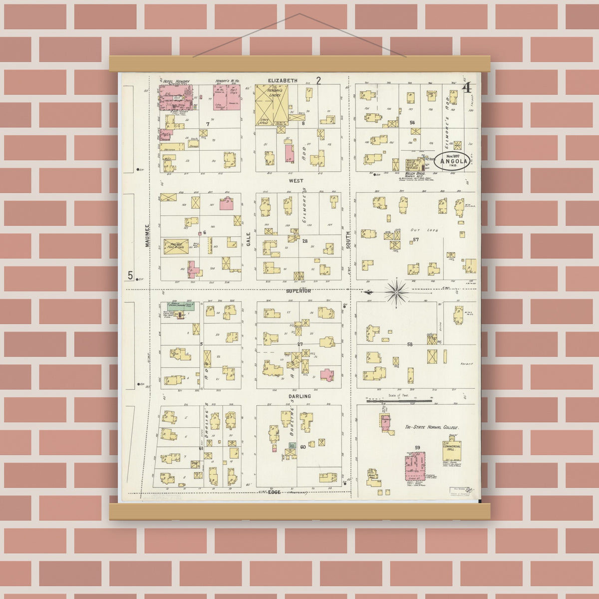 Old map wall art mockup — magnetic wood frame on brick wall — Sanborn Fire Insurance Map from Angola, Steuben County, Indiana (1897), Sheet #0004
