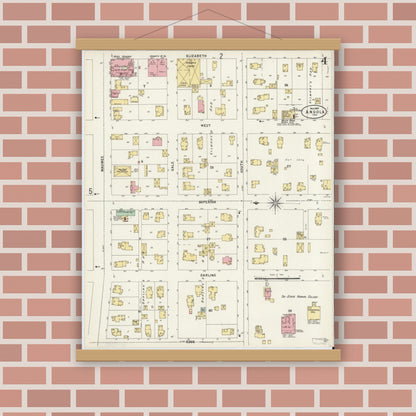 Old map wall art mockup — magnetic wood frame on brick wall — Sanborn Fire Insurance Map from Angola, Steuben County, Indiana (1897), Sheet #0004