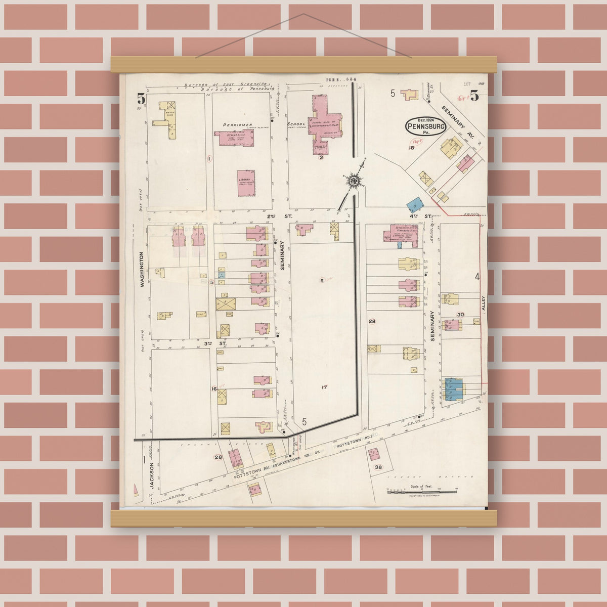 Old map wall art mockup — magnetic wood frame on brick wall — Sanborn Fire Insurance Map from Pennsburg, Montgomery County, Pennsylvania (1933), Sheet #0005