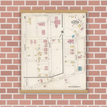 Old map wall art mockup — magnetic wood frame on brick wall — Sanborn Fire Insurance Map from Pennsburg, Montgomery County, Pennsylvania (1933), Sheet #0005