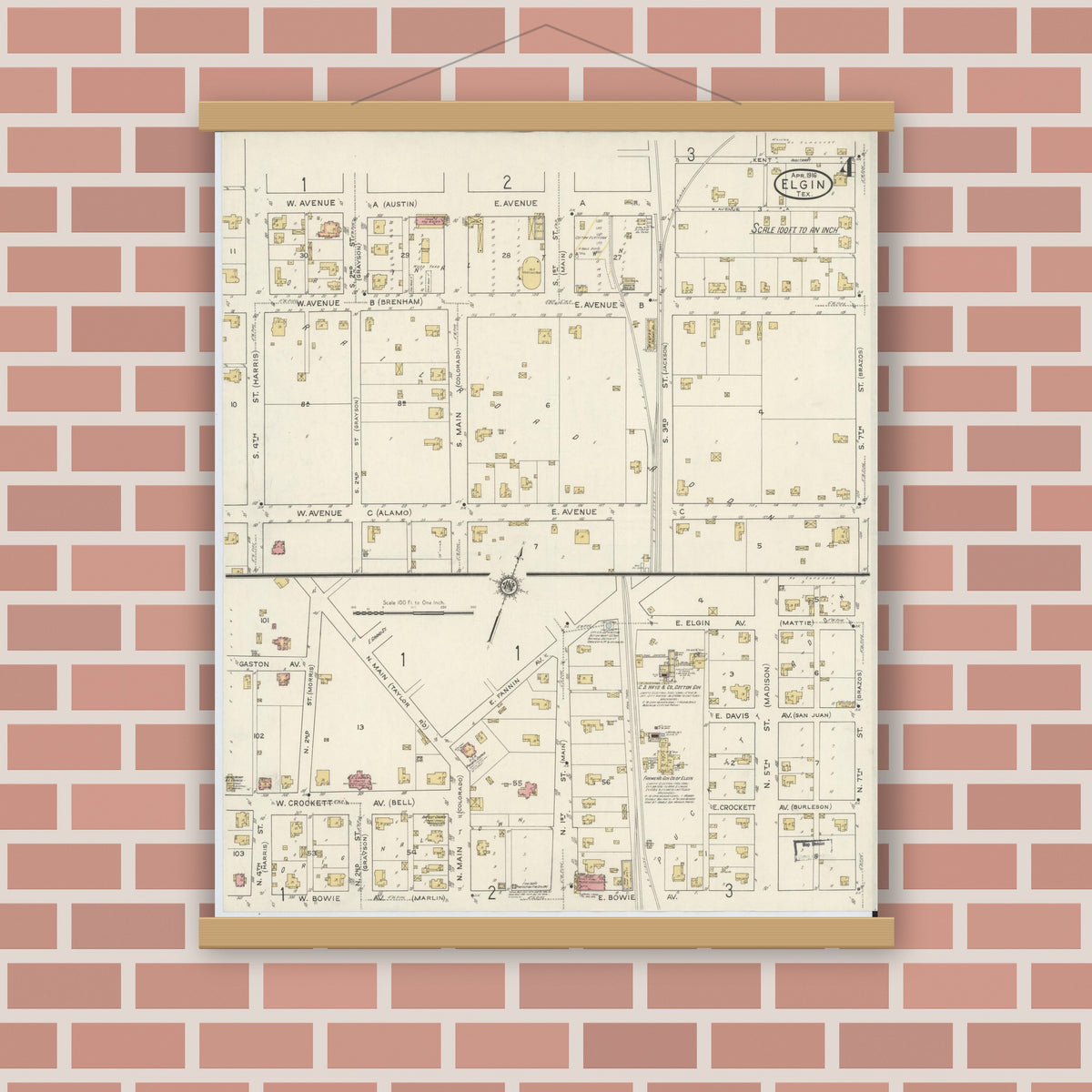 Old map wall art mockup — magnetic wood frame on brick wall — Sanborn Fire Insurance Map from Elgin, Bastrop County, Texas (1916), Sheet #0004