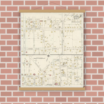 Old map wall art mockup — magnetic wood frame on brick wall — Sanborn Fire Insurance Map from Elgin, Bastrop County, Texas (1916), Sheet #0004