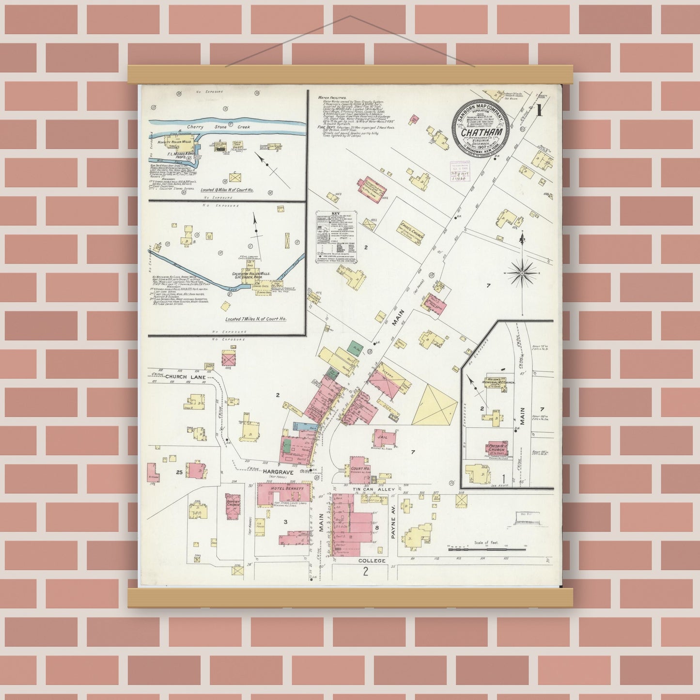 Old map wall art mockup — magnetic wood frame on brick wall — Sanborn Fire Insurance Map from Chatham, Pittsylvania County, Virginia (1907), Sheet #0001