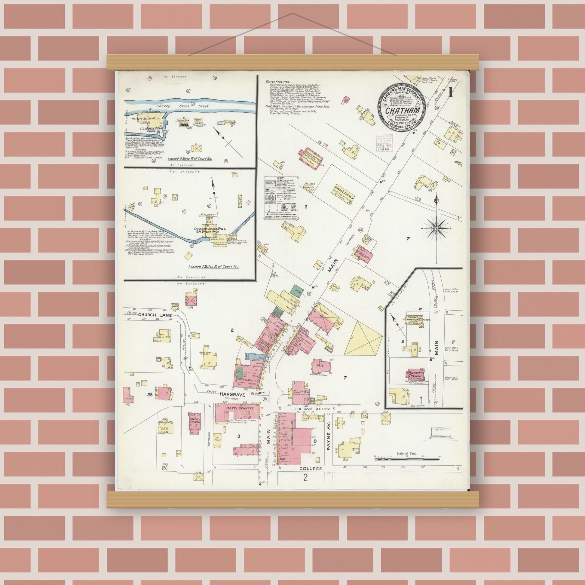 Old map wall art mockup — magnetic wood frame on brick wall — Sanborn Fire Insurance Map from Chatham, Pittsylvania County, Virginia (1907), Sheet #0001