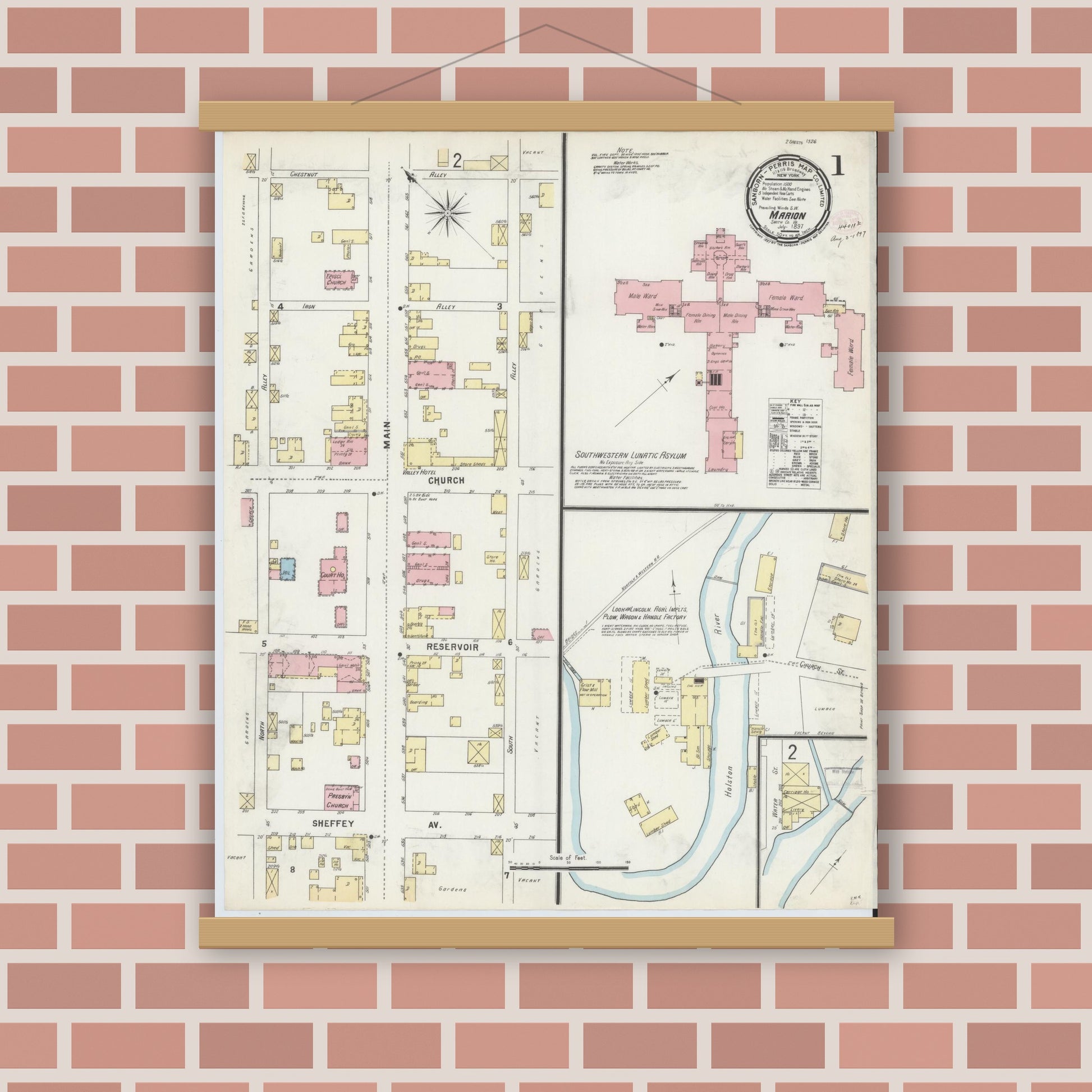 Old map wall art mockup — magnetic wood frame on brick wall — Sanborn Fire Insurance Map from Marion, Smyth County, Virginia (1897) - Complete Map Set