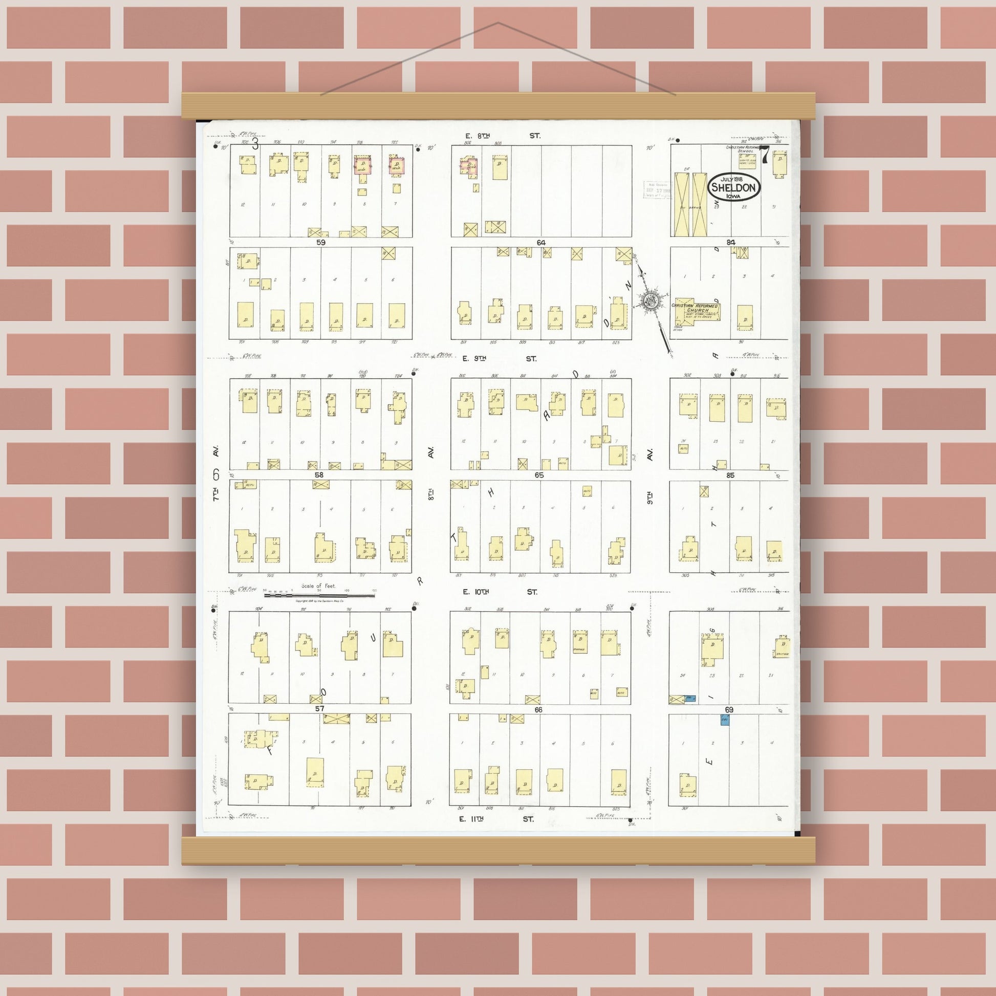 Old map wall art mockup — magnetic wood frame on brick wall — Sanborn Fire Insurance Map from Sheldon, O'Brien County, Iowa (1918), Sheet #0007