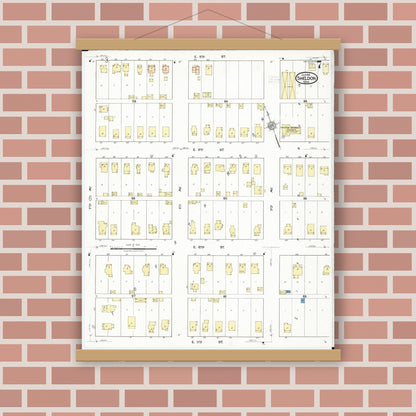 Old map wall art mockup — magnetic wood frame on brick wall — Sanborn Fire Insurance Map from Sheldon, O'Brien County, Iowa (1918), Sheet #0007