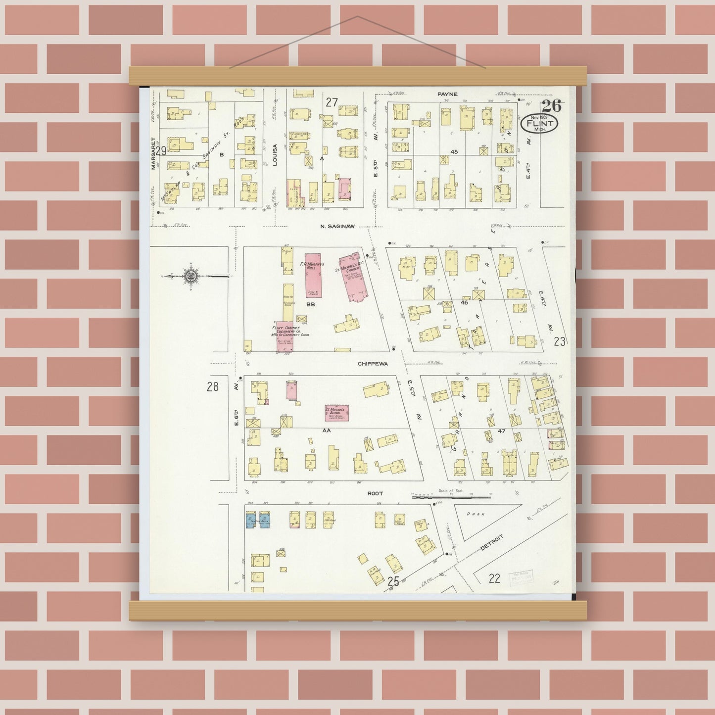 Old map wall art mockup — magnetic wood frame on brick wall — Sanborn Fire Insurance Map from Flint, Genesee County, Michigan (1909), Sheet #0026
