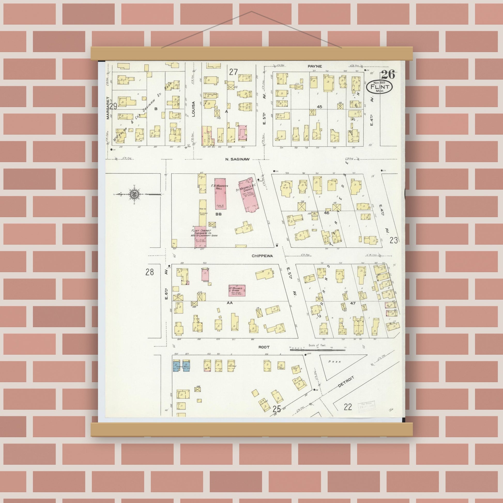 Old map wall art mockup — magnetic wood frame on brick wall — Sanborn Fire Insurance Map from Flint, Genesee County, Michigan (1909), Sheet #0026