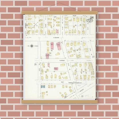 Old map wall art mockup — magnetic wood frame on brick wall — Sanborn Fire Insurance Map from Flint, Genesee County, Michigan (1909), Sheet #0026