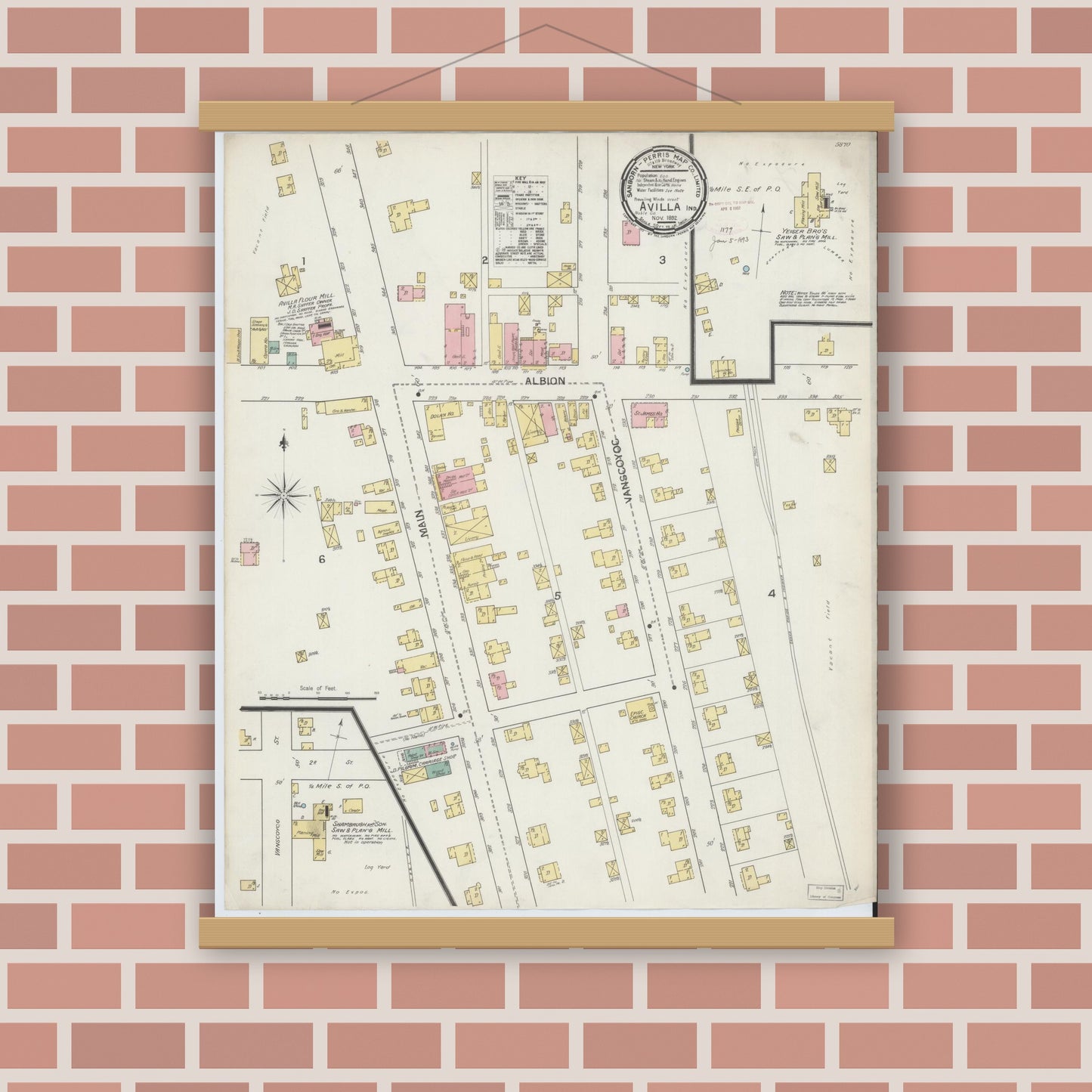 Old map wall art mockup — magnetic wood frame on brick wall — Sanborn Fire Insurance Map from Avilla, Noble County, Indiana (1892), Sheet #0001