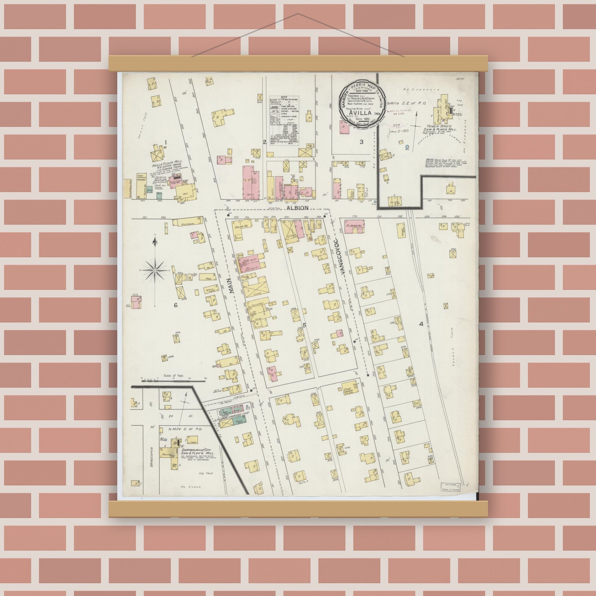 Old map wall art mockup — magnetic wood frame on brick wall — Sanborn Fire Insurance Map from Avilla, Noble County, Indiana (1892), Sheet #0001