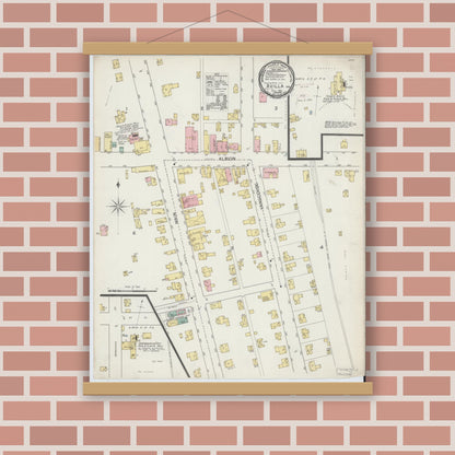 Old map wall art mockup — magnetic wood frame on brick wall — Sanborn Fire Insurance Map from Avilla, Noble County, Indiana (1892), Sheet #0001