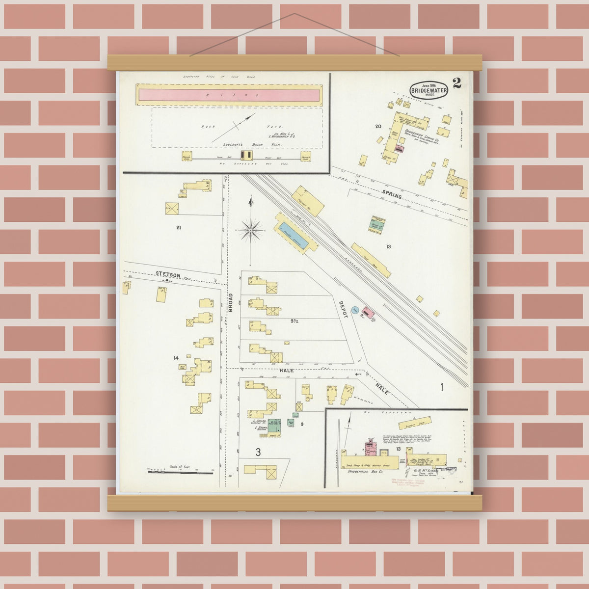 Old map wall art mockup — magnetic wood frame on brick wall — Sanborn Fire Insurance Map from Bridgewater, Plymouth County, Massachusetts (1896), Sheet #0002