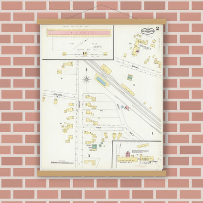 Old map wall art mockup — magnetic wood frame on brick wall — Sanborn Fire Insurance Map from Bridgewater, Plymouth County, Massachusetts (1896), Sheet #0002