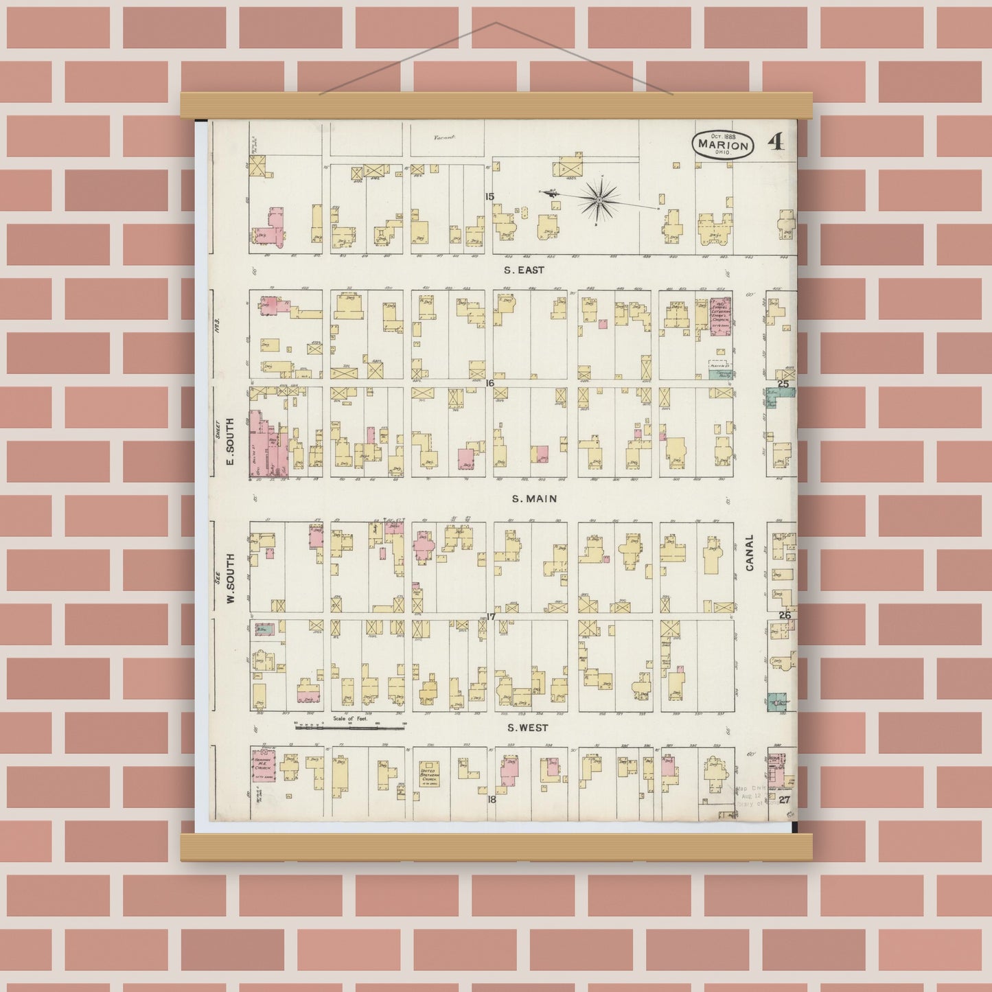 Old map wall art mockup — magnetic wood frame on brick wall — Sanborn Fire Insurance Map from Marion, Marion County, Ohio (1888), Sheet #0004