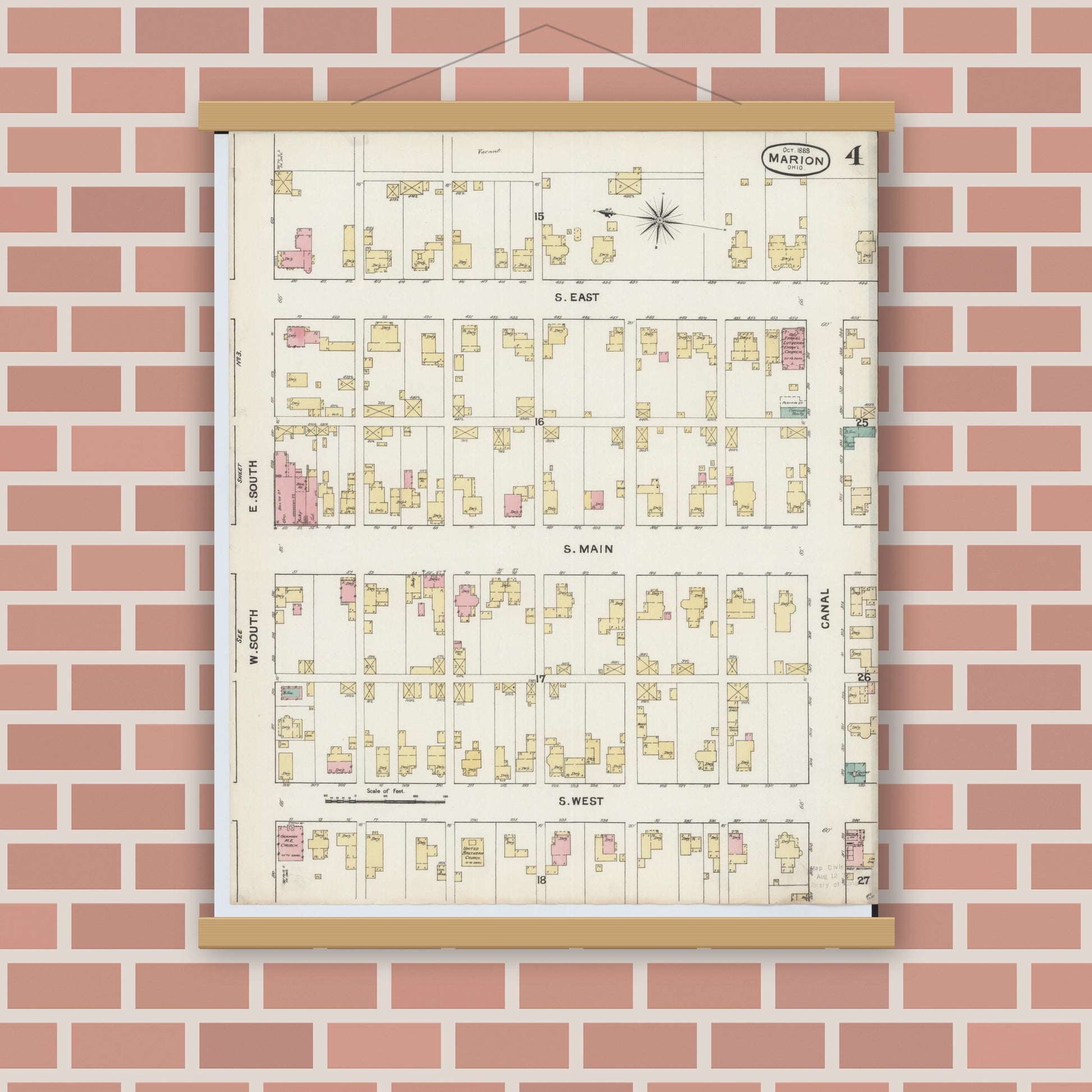 Old map wall art mockup — magnetic wood frame on brick wall — Sanborn Fire Insurance Map from Marion, Marion County, Ohio (1888), Sheet #0004