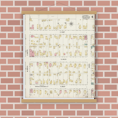 Old map wall art mockup — magnetic wood frame on brick wall — Sanborn Fire Insurance Map from Marion, Marion County, Ohio (1888), Sheet #0004