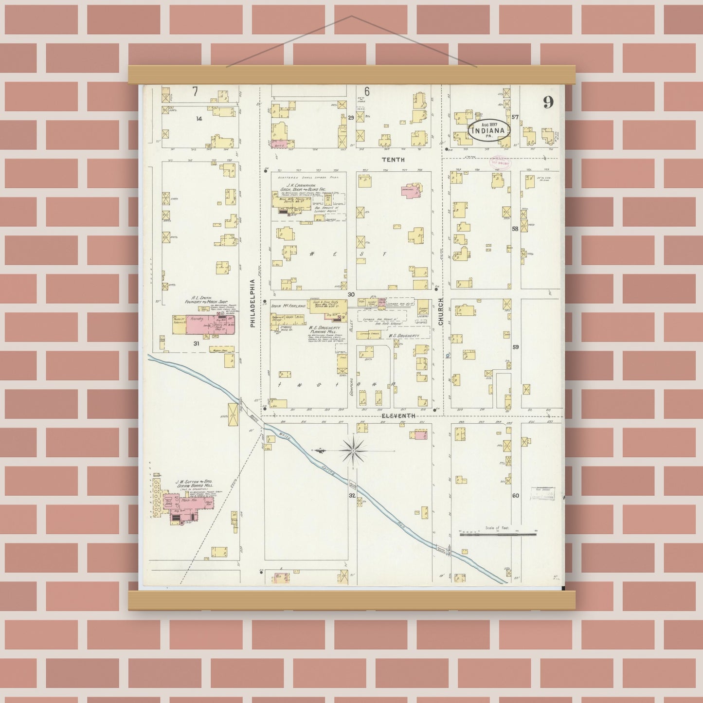 Old map wall art mockup — magnetic wood frame on brick wall — Sanborn Fire Insurance Map from Indiana, Indiana County, Pennsylvania (1888), Sheet #0009