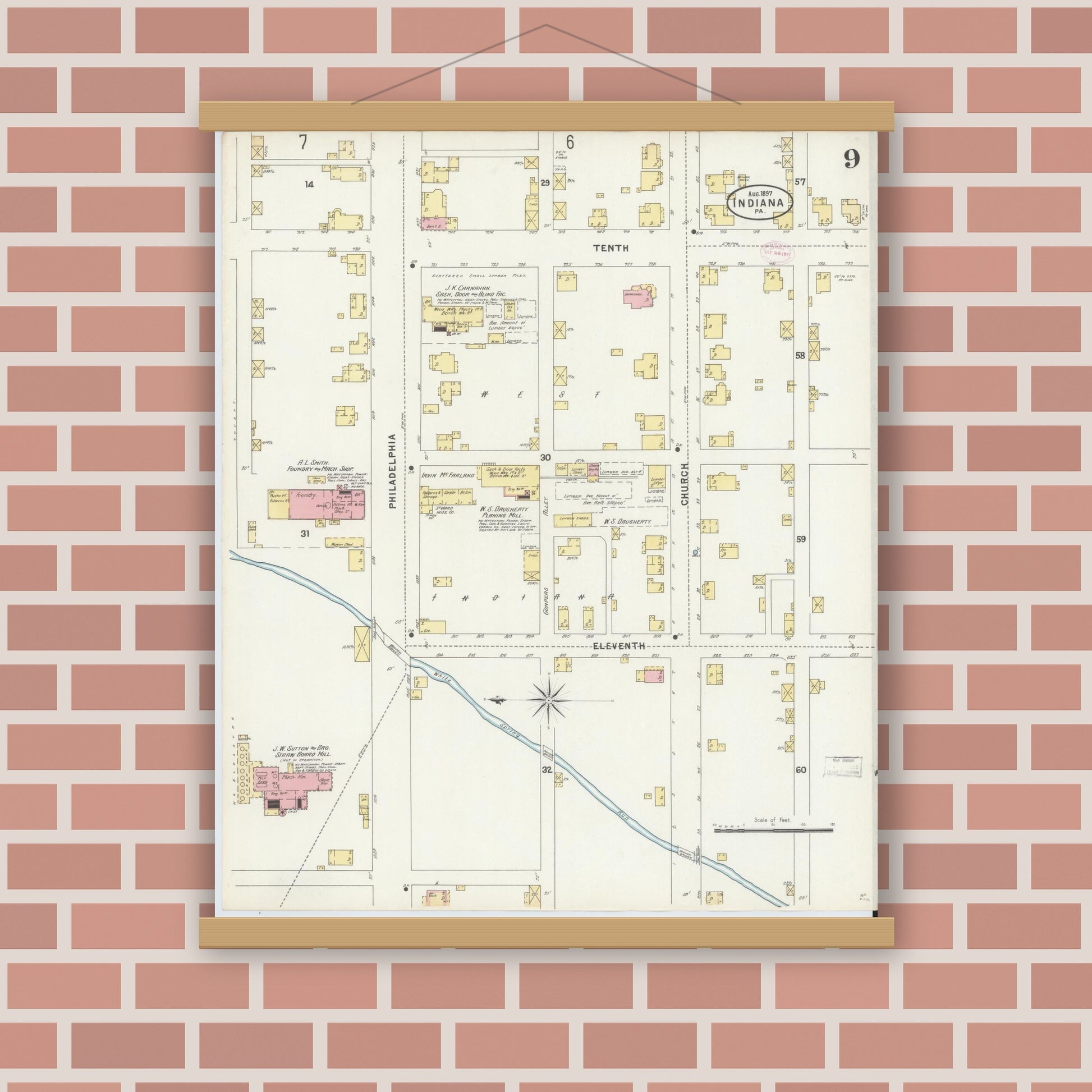 Old map wall art mockup — magnetic wood frame on brick wall — Sanborn Fire Insurance Map from Indiana, Indiana County, Pennsylvania (1888), Sheet #0009