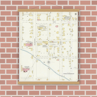Old map wall art mockup — magnetic wood frame on brick wall — Sanborn Fire Insurance Map from Indiana, Indiana County, Pennsylvania (1888), Sheet #0009