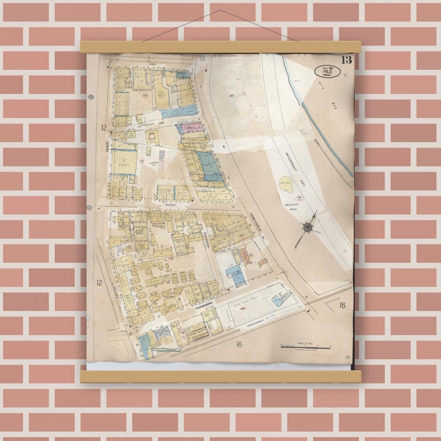 Old map wall art mockup — magnetic wood frame on brick wall — Sanborn Fire Insurance Map from Hilo, Hawaii County, Hawaii (1957), Sheet #0013