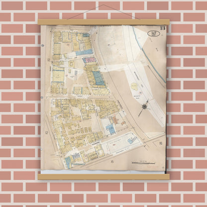 Old map wall art mockup — magnetic wood frame on brick wall — Sanborn Fire Insurance Map from Hilo, Hawaii County, Hawaii (1957), Sheet #0013
