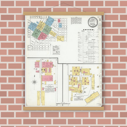 Old map wall art mockup — magnetic wood frame on brick wall — Sanborn Fire Insurance Map from Dunkirk, Jay And Blackford Counties, Indiana (1900) - Complete Map Set