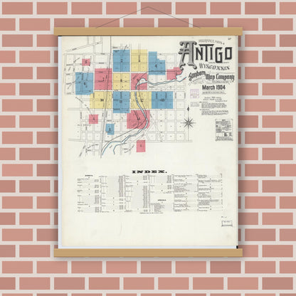 Old map wall art mockup — magnetic wood frame on brick wall — Sanborn Fire Insurance Map from Antigo, Langlade County, Wisconsin (1904) - Complete Map Set