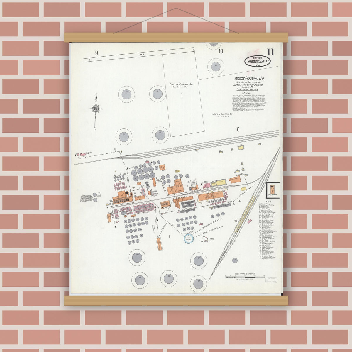 Old map wall art mockup — magnetic wood frame on brick wall — Sanborn Fire Insurance Map from Lawrenceville, Lawrence County, Illinois (1918), Sheet #0011