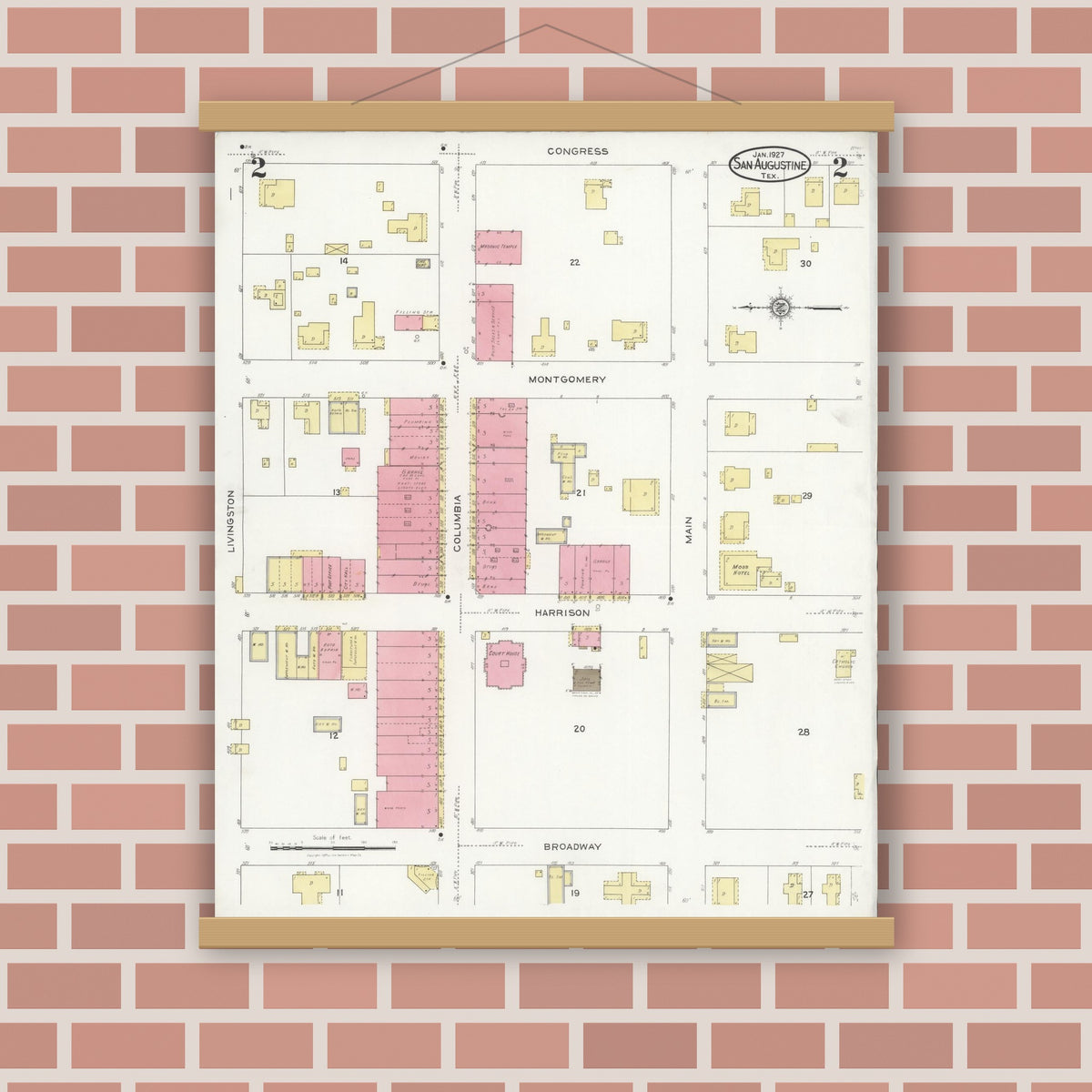 Old map wall art mockup — magnetic wood frame on brick wall — Sanborn Fire Insurance Map from San Augustine, San Augustine County, Texas (1927), Sheet #0002