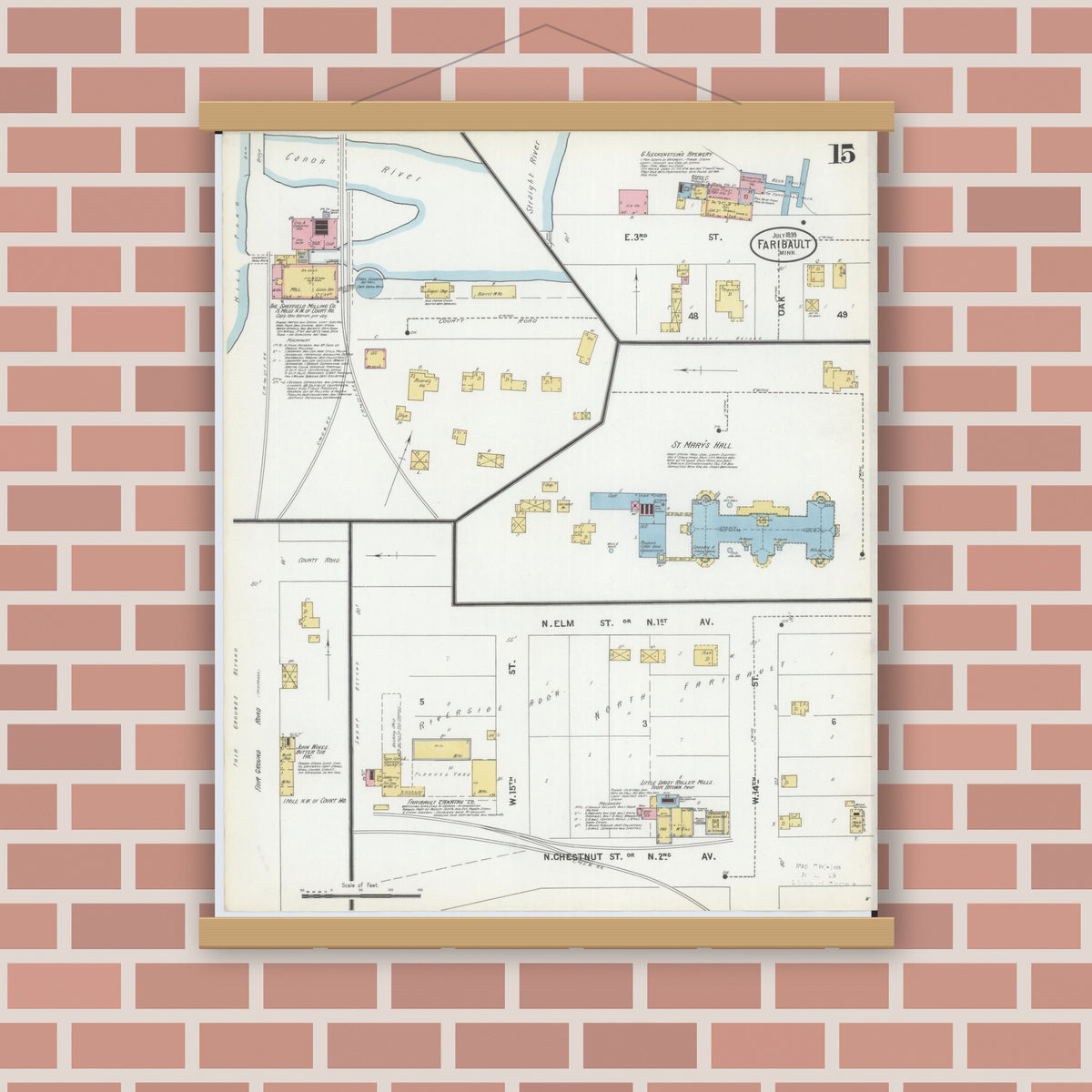Old map wall art mockup — magnetic wood frame on brick wall — Sanborn Fire Insurance Map from Faribault, Rice County, Minnesota (1899), Sheet #0015