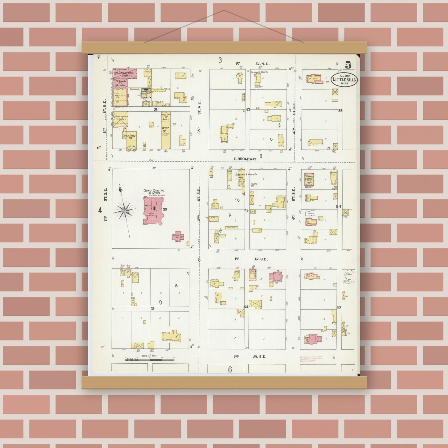 Old map wall art mockup — magnetic wood frame on brick wall — Sanborn Fire Insurance Map from Little Falls, Morrison County, Minnesota (1902), Sheet #0005