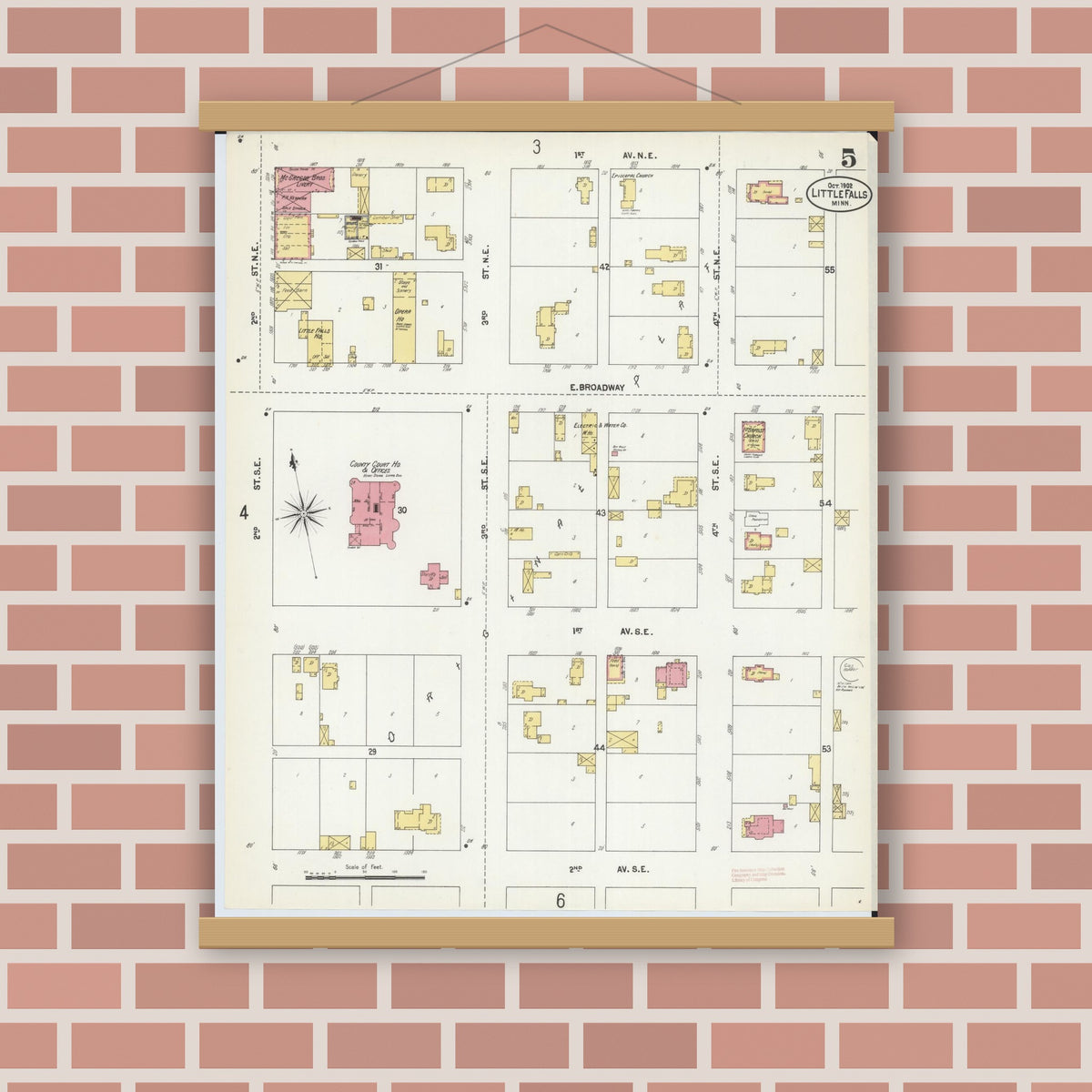 Old map wall art mockup — magnetic wood frame on brick wall — Sanborn Fire Insurance Map from Little Falls, Morrison County, Minnesota (1902), Sheet #0005